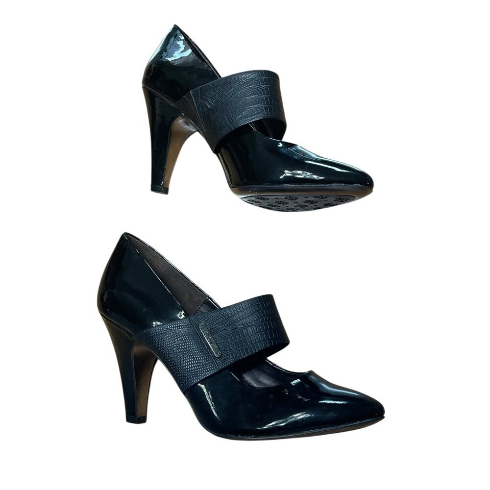 Isola Black Patent Leather Heels With Croc-Embossed Strap Womens Size 9,5 M